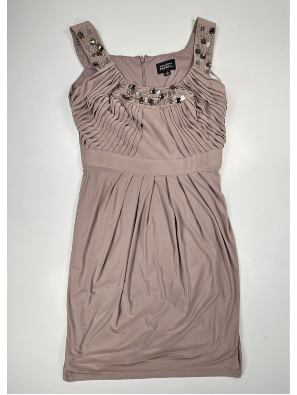 Adrianna Papell Dress Womens 6 Taupe Jeweled Ruched Sleeveless Cocktail Party